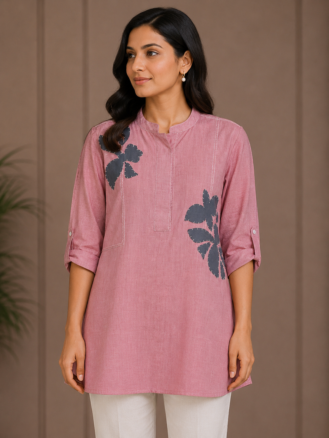 Blush Pink Floral Appliqué Cotton Tunic